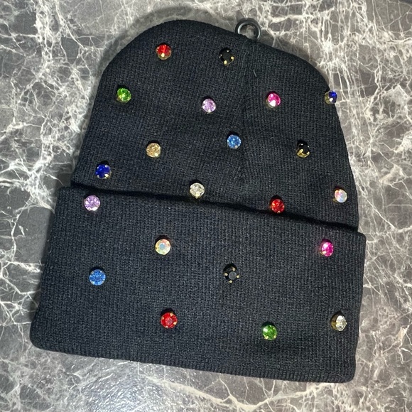 Custom Bedazzled Black Unisex Beanie – Hand-Sewn Colorful Rhinestones - Picture 4 of 6